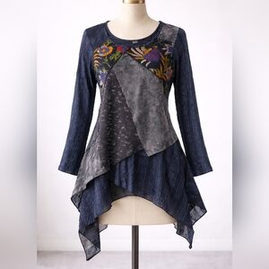 LV‎ Collection Art To Wear Navy Textured Asymmetrical Tunic Top